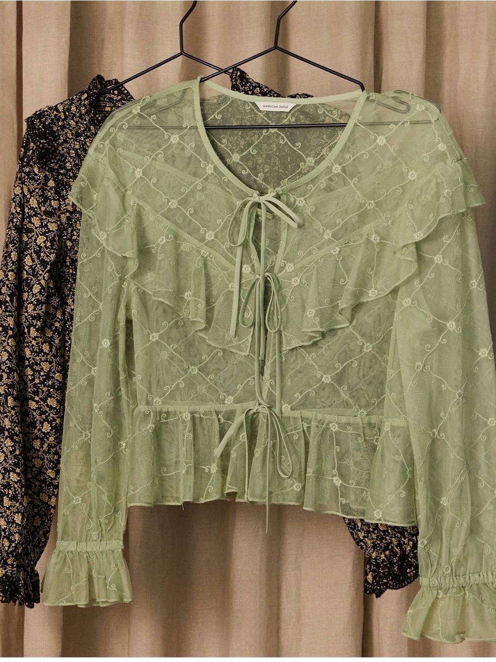 American Eagle Outfitters Sage Green Ruffle Tie-Front Lace Blouse